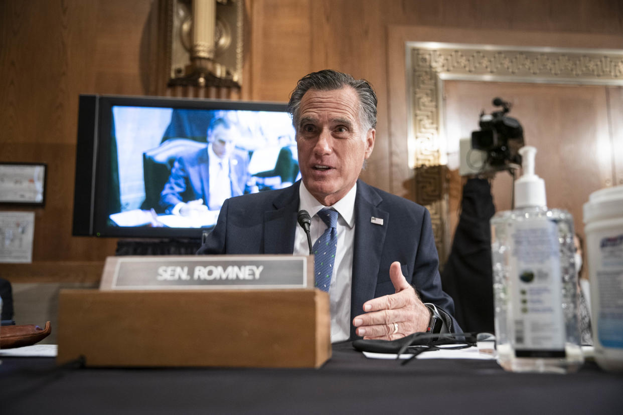 WASHINGTON, DC - FEBRUARY 23: Sen. Mitt Romney (R-UT) questions Xavier Becerra, nominee for Secretary of Health and Human Services (HHS), at his confirmation hearing before the Senate Health, Education, Labor and Pensions Committee on February 23, 2021, in Washington, DC. (Photo by Sarah Silbiger-Pool/Getty Images)