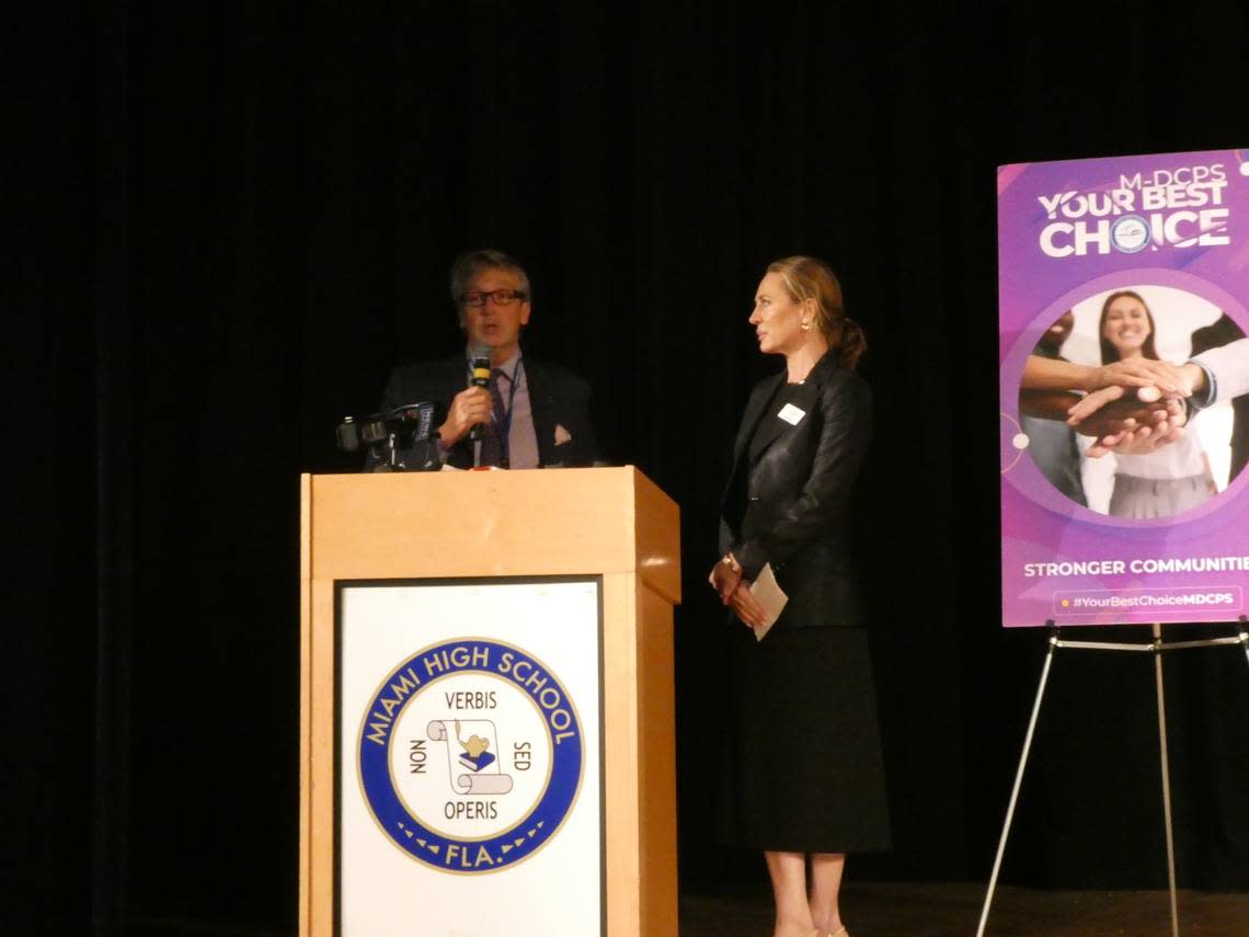 Gregory Swan, founder of “Fentanyl Fathers” and Lisa Keeler, the regional director for Project Opioid South Florida, speak during a news conference on Thursday, Nov. 2, 2023 at Miami Senior High about fentanyl overdoses.