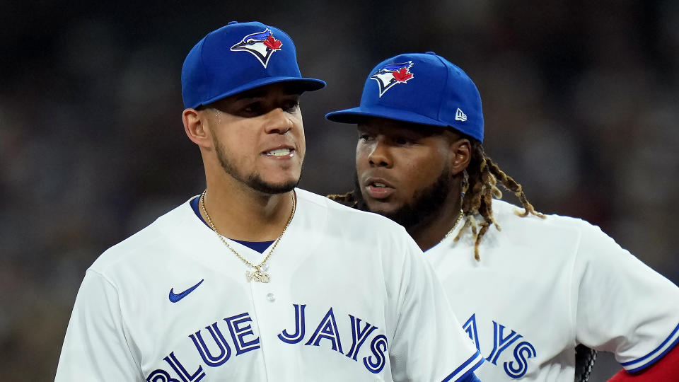 Blue Jays pitcher Jose Berrios, left, is coming off a shaky 2022 season. (THE CANADIAN PRESS/Nathan Denette)