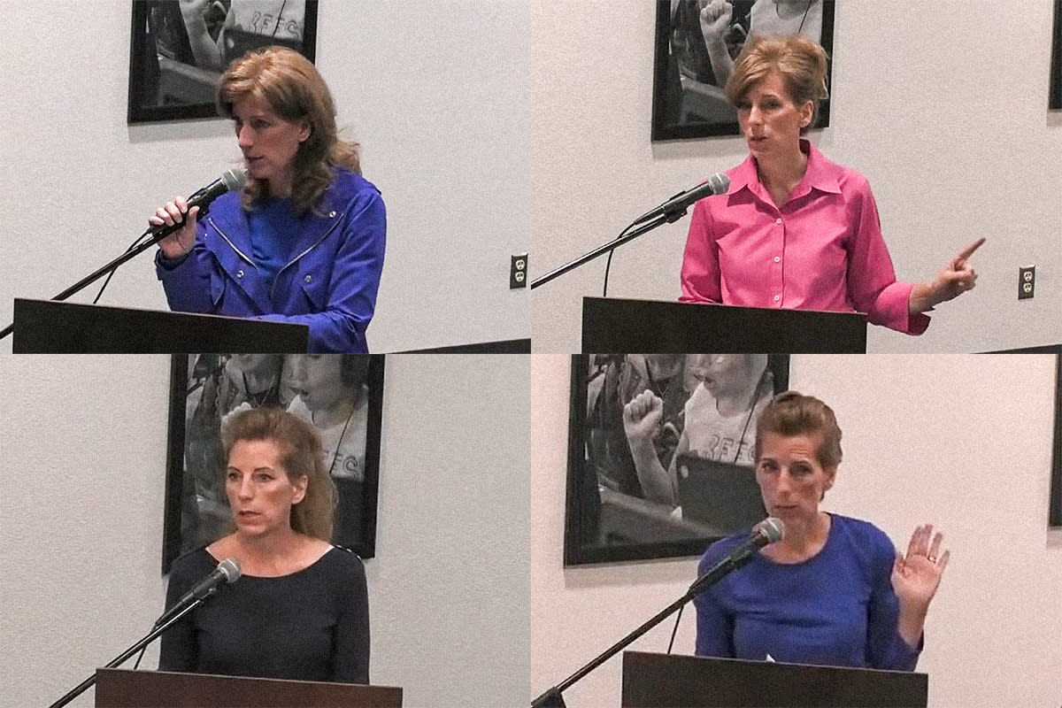 Stills from Monica Brown's appearances at Granbury ISD school board meetings on April 25, May 16, June 2, and July 18, in Granbury, Texas. (Granbury ISD, NBC News)