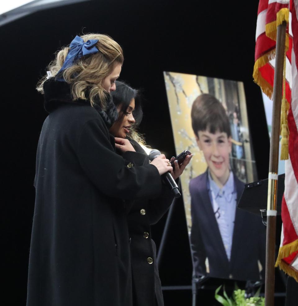 Teachers who worked with Ornela Morgan speak during a vigil for the Morgan family at Germonds Park in Bardonia Jan. 3, 2024. The husband/father, Bronxville Police Sgt. Watson Morgan, is believed to have killed his wife and two sons then shot himself in the family's New City home.