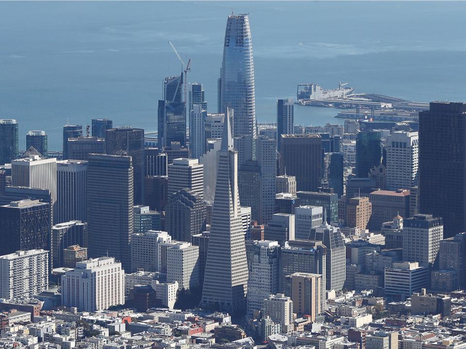 san francisco skyline salesforce tower transamerica building downtown aerial