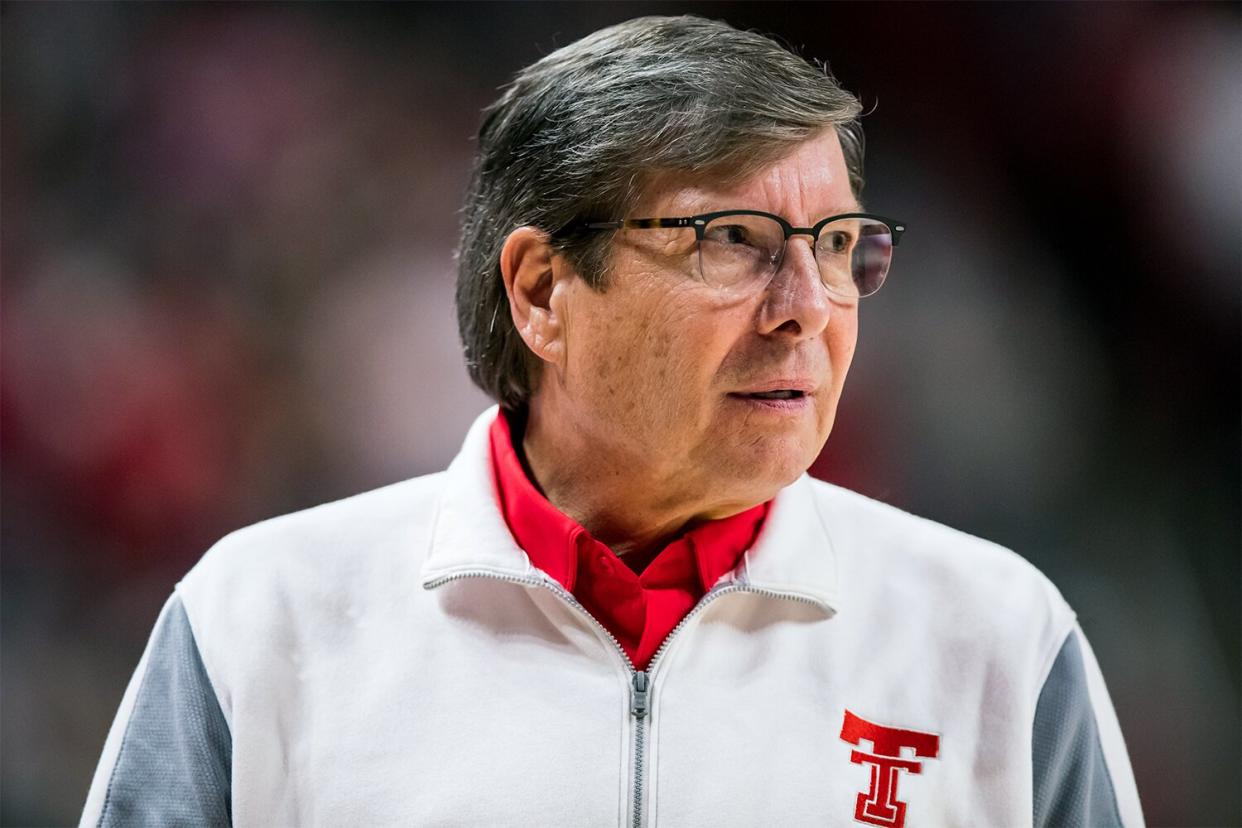 LUBBOCK, TEXAS - JANUARY 08: Head coach Mark Adams of the Texas Tech Red Raiders looks on during the first half of the college basketball game against the Kansas Jayhawks at United Supermarkets Arena on January 08, 2022 in Lubbock, Texas. (Photo by John E. Moore III/Getty Images)