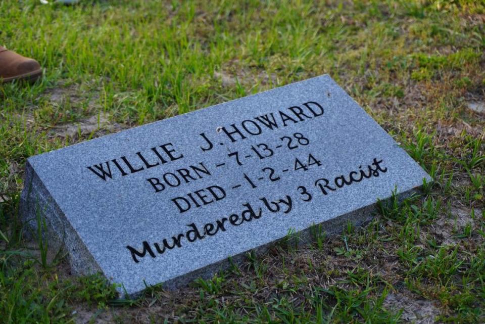 A tombstone for 15-year-old Willie James Howard sits in East Memorial Cemetery in Live Oak, Florida, on Saturday, March 4, 2023. The murder of Howard, who was killed by three white men in 1944 after the teenager sent a love letter to a white girl, was deemed a suicide for decades until a funeral director discovered the 15-year-old’s burial records.