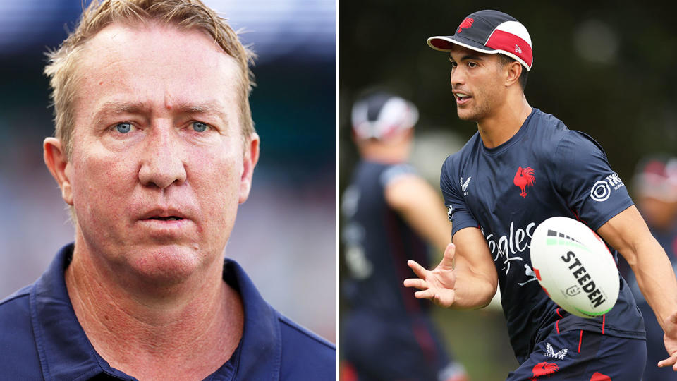 Pictured left to right, Roosters coach Trent Robinson and NRL star Joseph Suaalii. 