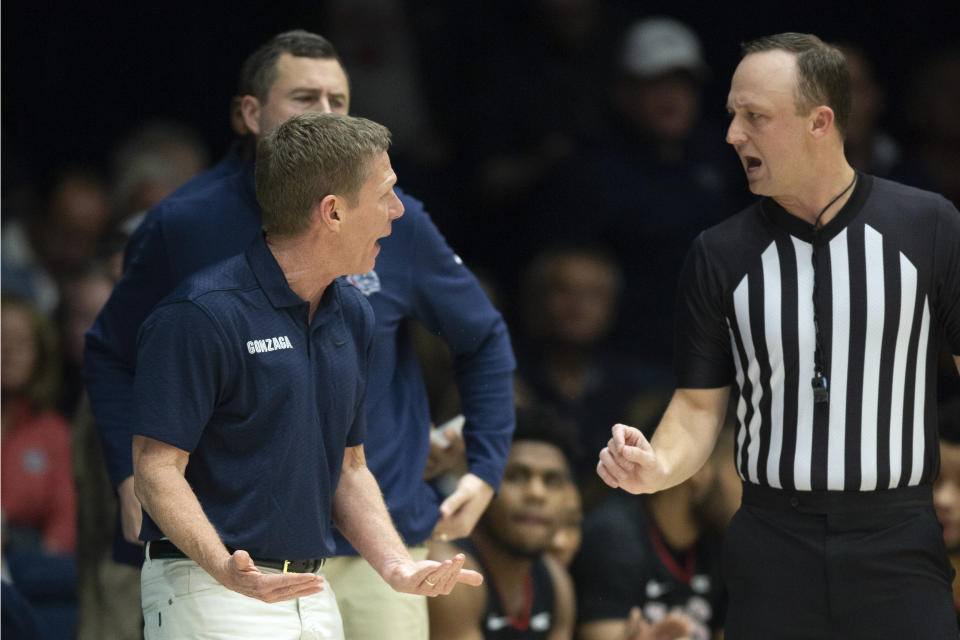 Gonzaga head coach Mark Few complains to a referee during the first half of an NCAA college basketball game against Saint Mary's, Saturday, Feb. 4, 2023, in Moraga, Calif. (AP Photo/D. Ross Cameron)