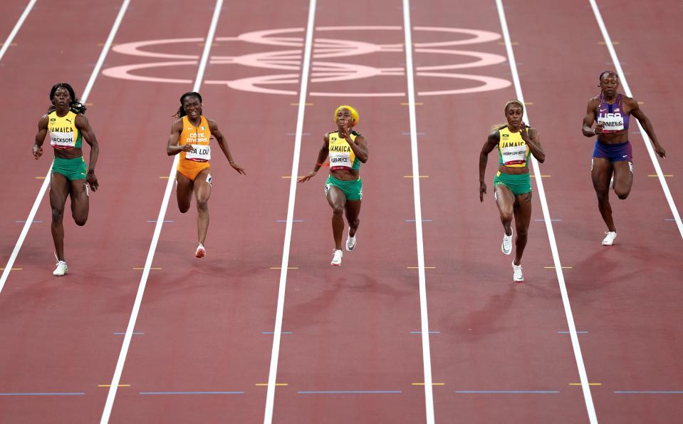 Jamaica completed a clean sweep in the women’s 100m (Martin Rickett/PA) (PA Wire)