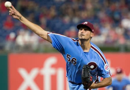 Aug 16, 2018; Philadelphia, PA, USA; Philadelphia Phillies starting pitcher Zach Eflin (56) throws a pitch during the seventh inning against the New York Mets at Citizens Bank Park. Bill Streicher-USA TODAY Sports