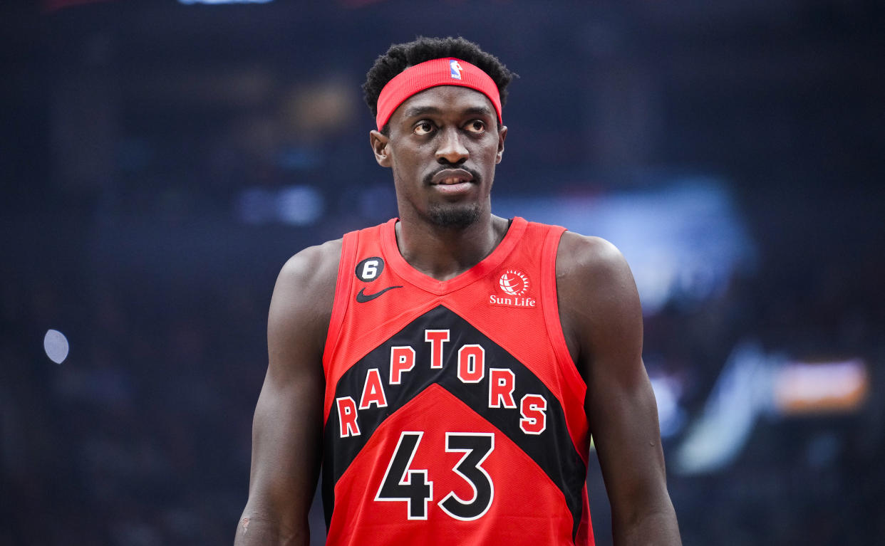 TORONTO, ON - OCTOBER 26: Pascal Siakam #43 of the Toronto Raptors looks on against the Philadelphia 76ers during the first half of their basketball game at the Scotiabank Arena on October 26, 2022 in Toronto, Ontario, Canada. NOTE TO USER: User expressly acknowledges and agrees that, by downloading and/or using this Photograph, user is consenting to the terms and conditions of the Getty Images License Agreement. (Photo by Mark Blinch/Getty Images)