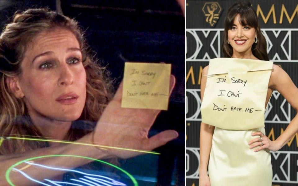 The dress went viral after social media users said the front looked similar to a post it note. Parodies included a reference to a famous Sex and the City episode (left)