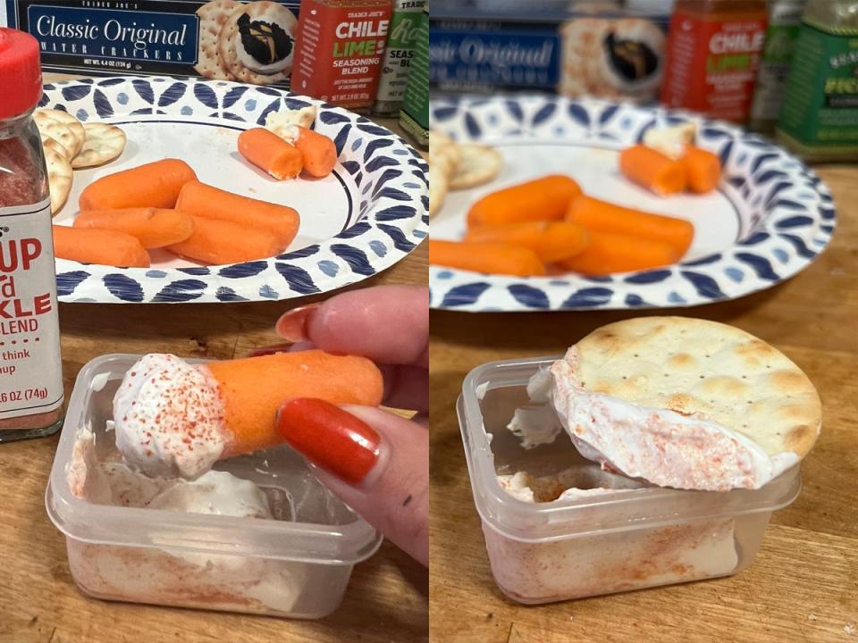 Trader Joe's Ketchup Flavored Sprinkle Seasoning Blend on a carrot and cracker.