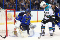 ST. LOUIS, MO - APRIL 12: Logan Couture #39 of the San Jose Sharks looks to shoot the puck against Jaroslav Halak #41 of the St. Louis Blues during Game One of the Western Conference Quarterfinals during the 2012 NHL Stanley Cup Playoffs at the Scottrade Center on April 12, 2012 in St. Louis, Missouri. (Photo by Dilip Vishwanat/Getty Images)