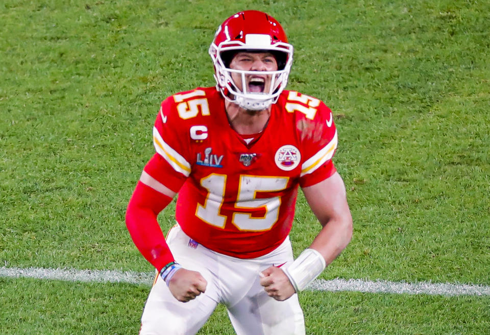 Kansas City Chiefs quarterback Patrick Mahomes reacts during the second half of Super Bowl LIV. (David Santiago/Miami Herald/Tribune News Service via Getty Images)