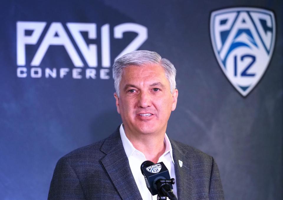 Oct. 13, 2021; San Francisco, California; Pac-12 commissioner George Kliavkoff speaks to the media during the Pac-12 men’s basketball media day. Kelley L Cox-USA TODAY Sports