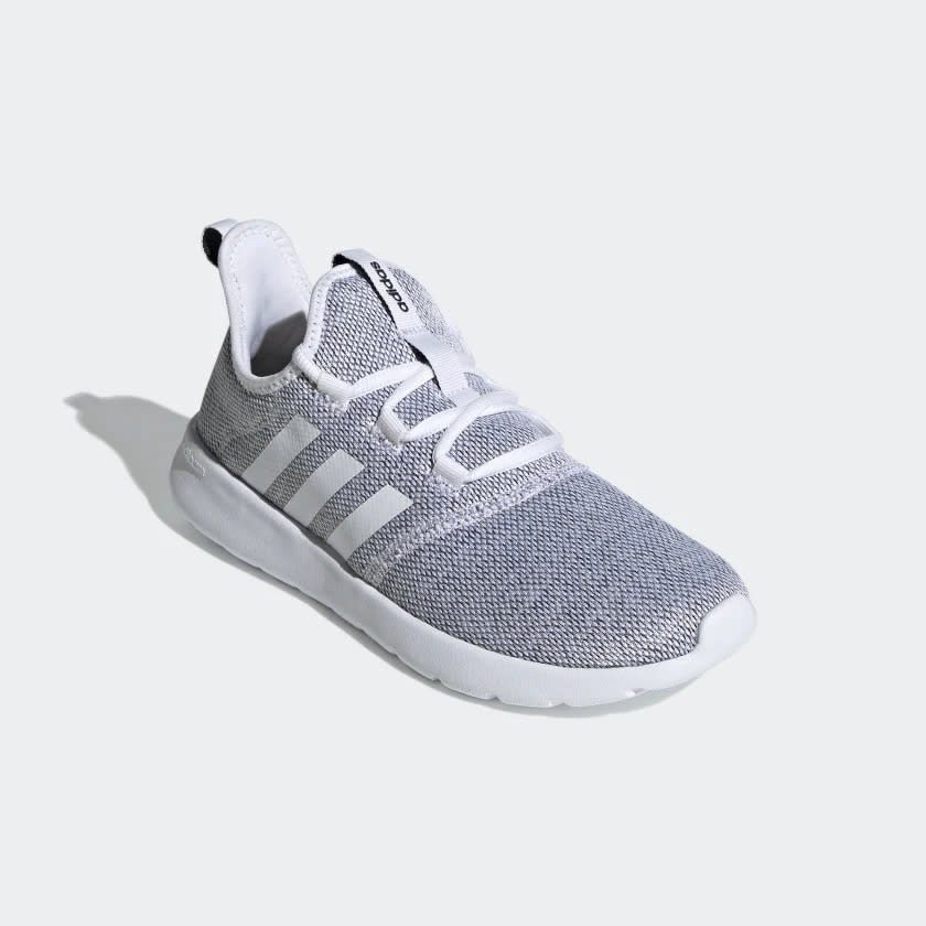 Grey shoes with white three stripes.