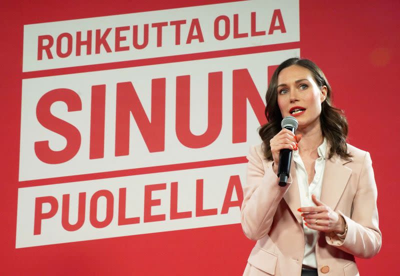 Finland's Prime Minister Marin attends the Social Democratic Party's parliamentary election event in Helsinki