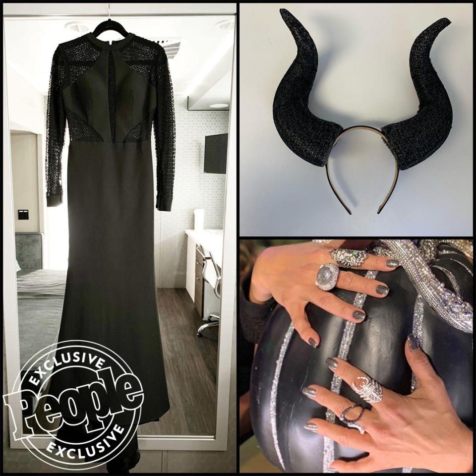 Staying true to Maleficent's sultry style, Carrie Ann wore a black bodycon gown by Nour Designs. “Her horns were adorned in a delicate lace to pull in the detailing of the dress,” Spies says of the look, which featured mesh long sleeves and a plunging mesh neckline.