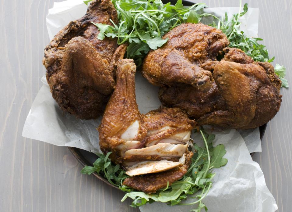 In this image taken on Feb. 11, 2013, Nashville's signature dish, hot fried chicken is shown in Concord, N.H. (AP Photo/Matthew Mead)