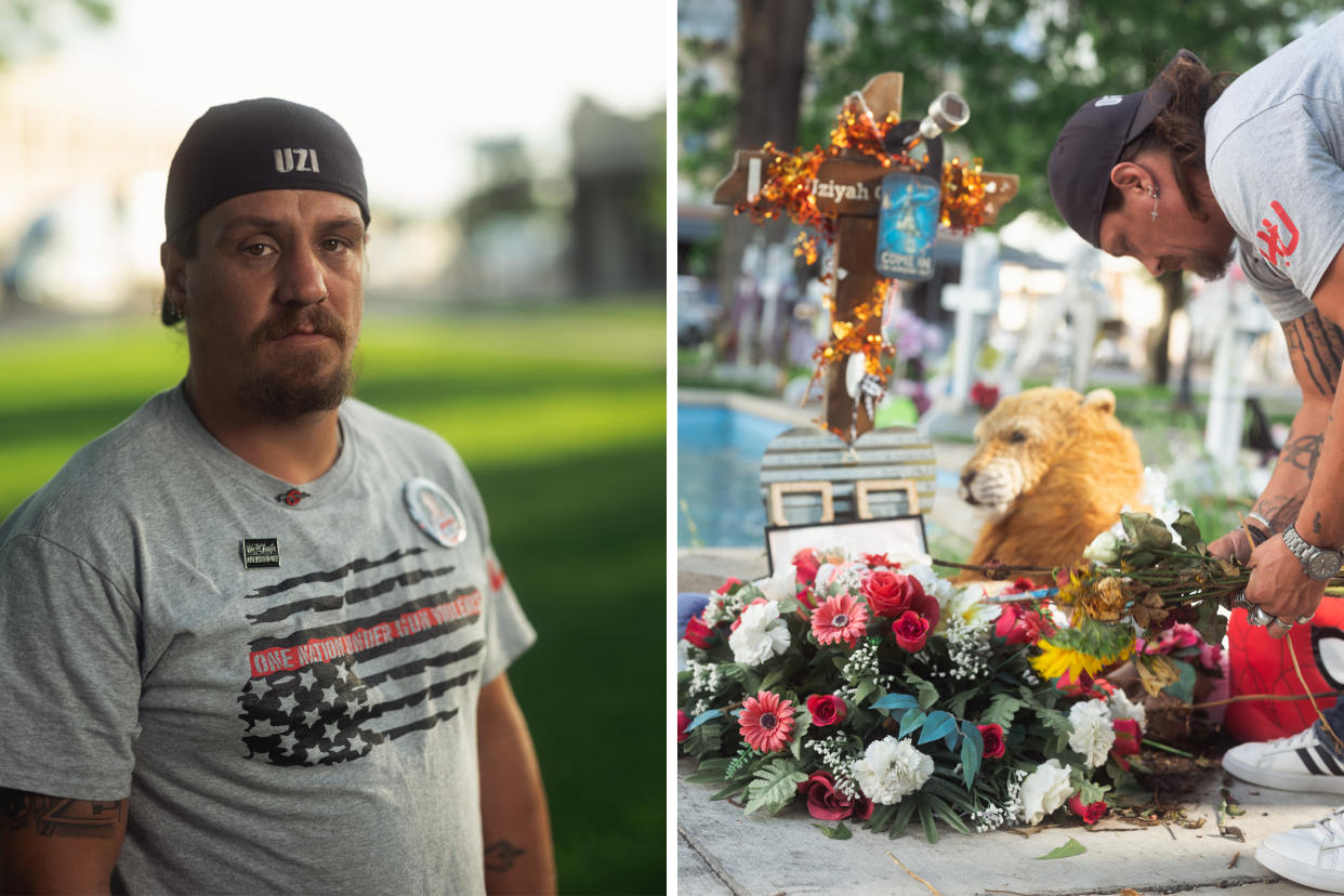 Brett Cross, who’s son Uziyah Garcia was killed in last year’s massacre at Robb Elementary School, sits near a memorial for his son in the Uvalde Town Square in Texas on April 25, 2023. (Jordan Vonderhaar for NBC News)