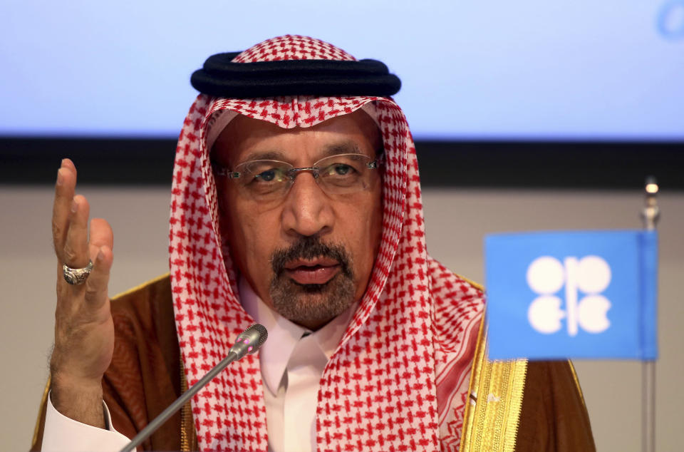 FILE - In this June 23, 2018 file photo, Saudi Energy Minister Khalid al-Falih attends a news conference in Vienna, Austria. Saudi Arabia said on Thursday, Aug. 23, 2018 that it "remains committed" to an initial public offering of the state-run oil behemoth Saudi Aramco despite delays and growing speculation it may never be listed. (AP Photo/Ronald Zak, File)