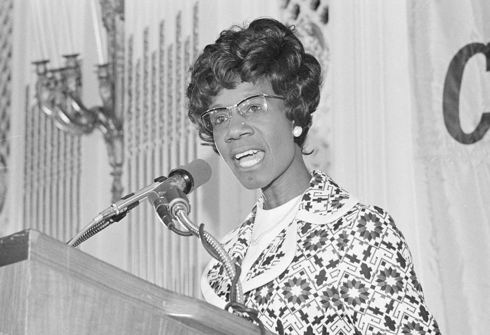FILE - In this May 16, 1972, file photo, Rep. Shirley Chisholm, D-NY, talks during a speech in San Francisco while campaigning for the U.S. Presidency. Reaching out to hose who had been marginalized in the power structure as she did in her congressional campaign, Chisholm became the nation's first black major-party presidential candidate, competing in 12 state primaries and winning 28 delegates. (AP Photo/ Richard Drew, File)