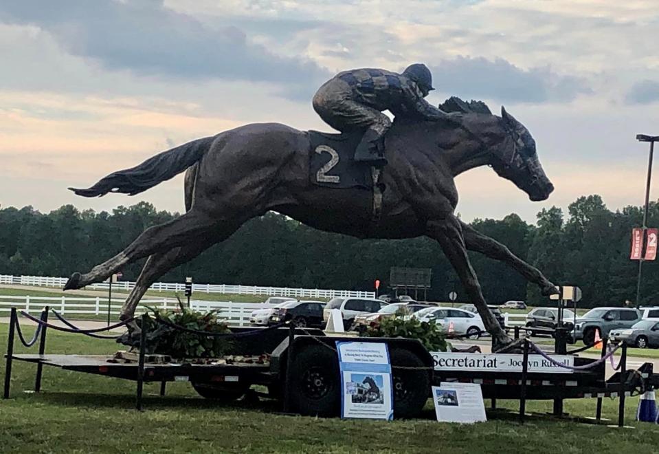 Secretariat "Racing into History" bronze statue sculpted by artist Jocelyn Russell on display at Colonial Downs Racetrack in New Kent, Va. on August 12, 2023.