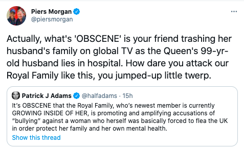 Piers Morgan angrily responded to Patrick J Adams’ defence of Meghan MarkleTwitter