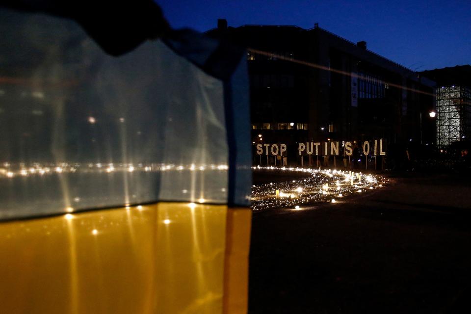 TOPSHOT - A demonstrator holds an Ukrainian flag in front of a sign reading 