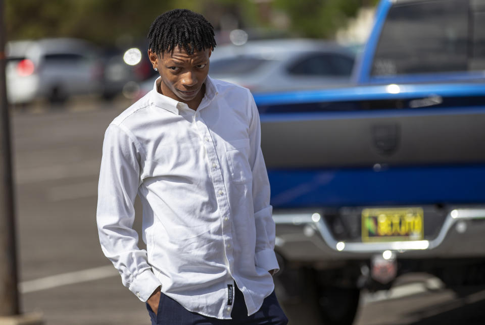 Former New Mexico State NCAA college basketball player Deuce Benjamin arrives to a news conference in Las Cruces, N.M., Wednesday, May 3, 2023. Benjamin and former Aggie player Shak Odunewu discussed the lawsuit they filed alleging teammates ganged up and sexually assaulted them multiple times, while their coaches and others at the school didn't act when confronted with the allegations. (AP Photo/Andres Leighton)