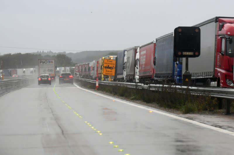 FILE PHOTO: Lorries are seen parked on the southbound M20 motorway, as part of Operation Stack, as they wait to be allowed to proceed to the Port of Dover