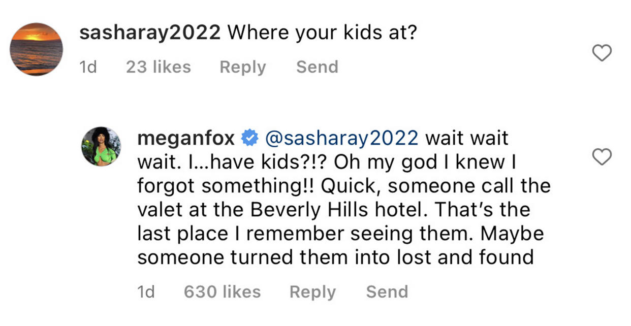 Fox gave a commenter who questioned her parenting a heavy dose of sarcasm. (@meganfox via Instagram)