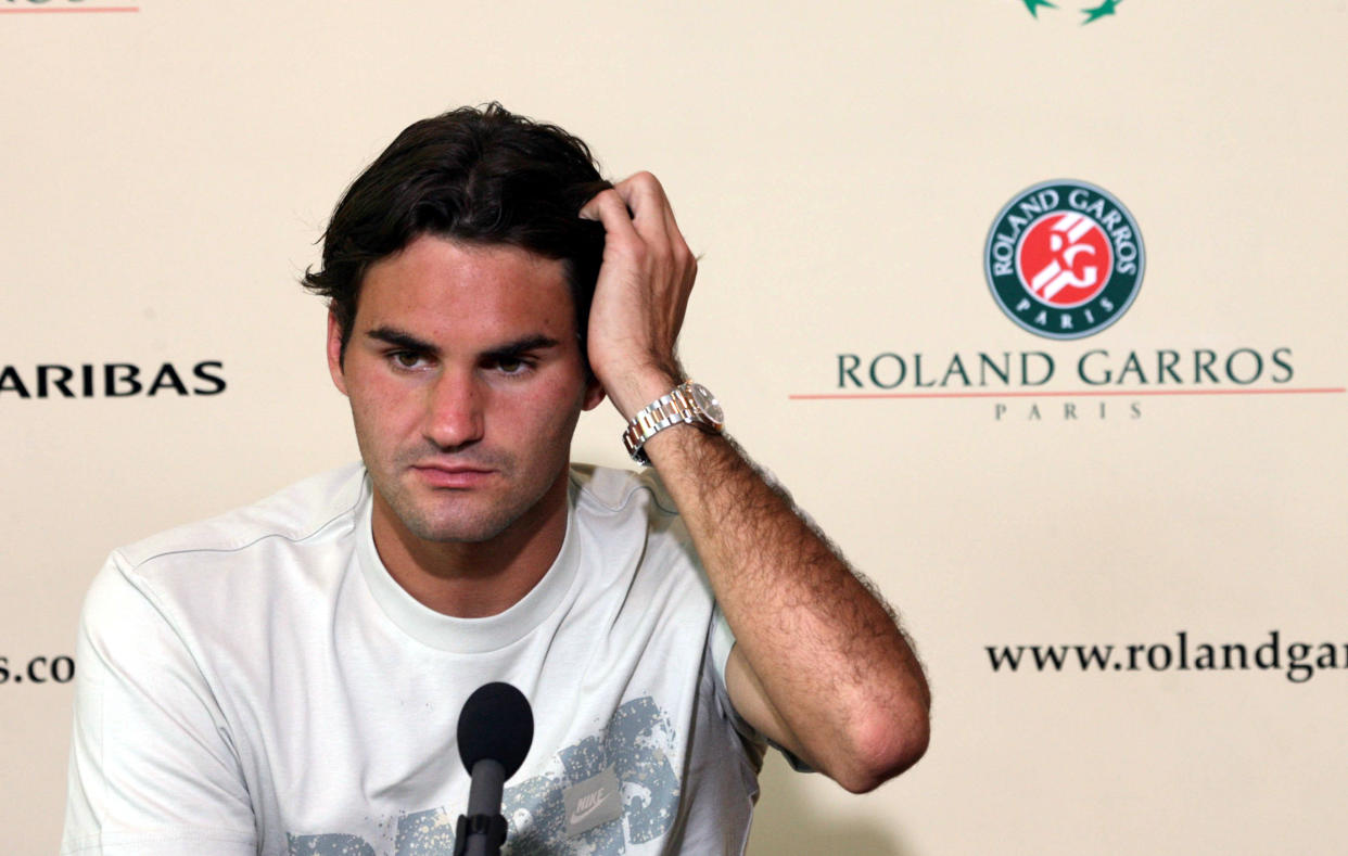 PARIS, FRANCE - (ARCHIVE): A file photo dated May 26, 2007 shows Roger Federer reacting at the press conference before the Roland Garros (French Open) tennis tournament in Paris, France. Swiss legend Roger Federer, a 20-time Grand Slam champion, announced on Thursday that he is retiring from professional tennis. (Photo by Mustafa Yalcin/Anadolu Agency via Getty Images)