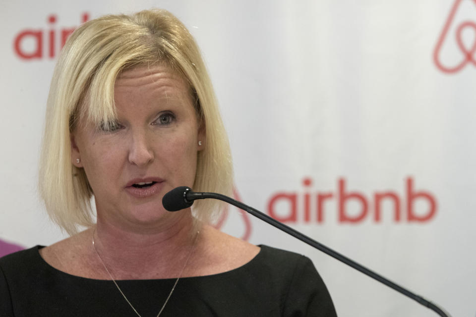 Margaret Richardson, Director of Global Policy at Airbnb, speaks during a news conference, Wednesday, Aug. 15, 2018, in New York. Airbnb announced on Wednesday that it was donating $10 million to seven community-based service providers across New York State. (AP Photo/Mary Altaffer)