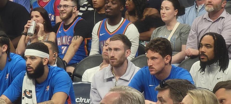 Oklahoma City’s Gordon Hayward watches from the bench in street clothes during the Thunder’s 121-118 win over the Charlotte Hornets on Sunday night.