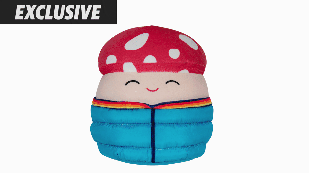 The SDCC Check-In Squishmallow exclusives feature Malcolm the Mushroom (in blue puffer), Emily the Bat (in purple hoodie), Cam the Cat (in denim) and Pattie the Pig (in bucket hat). (Photos: Jazwares)