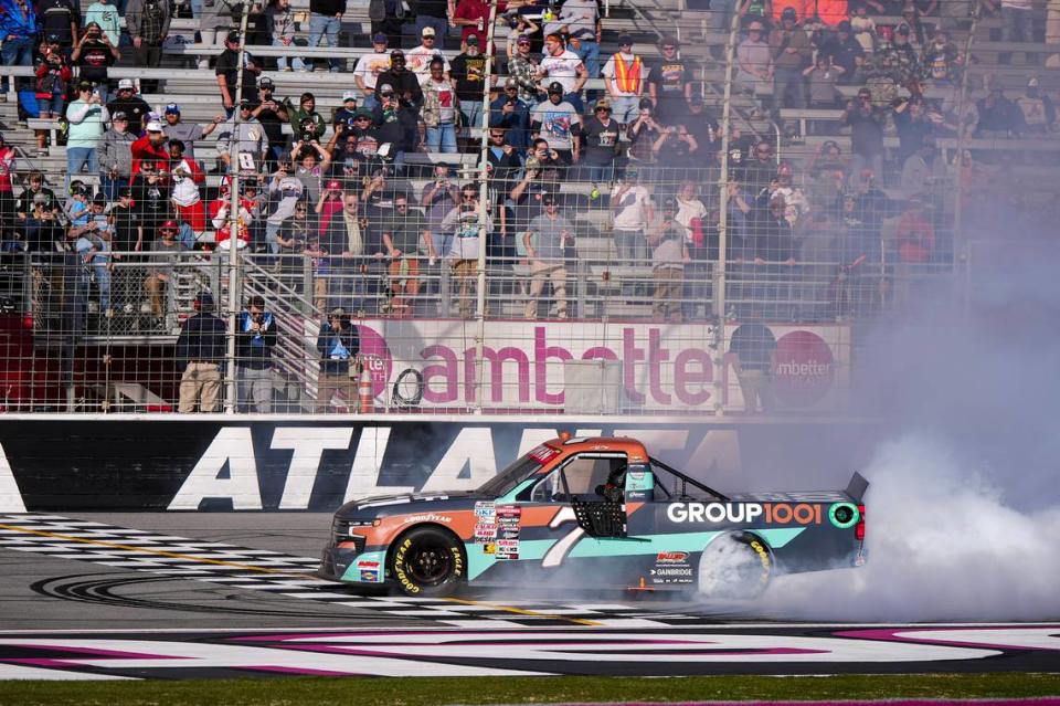 NASCAR veteran Kyle Busch (7) celebrates after winning the Fr8 208 on Saturday, Feb. 24, 2024, at Atlanta Motor Speedway.