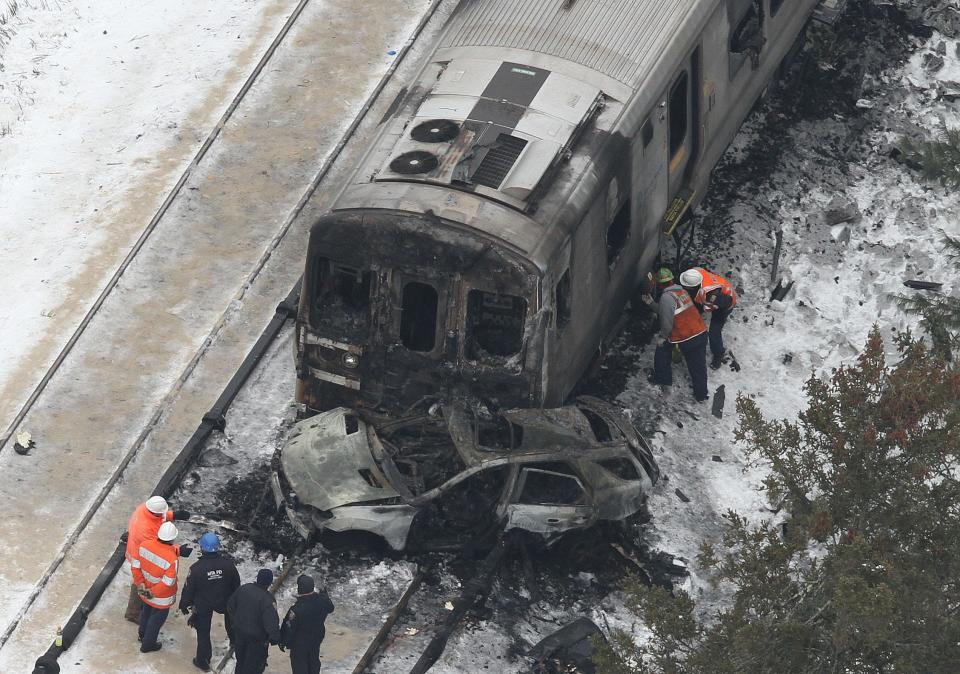 Aerial view of the Metro North train accident at the Commerce Street crossing in Valhalla .