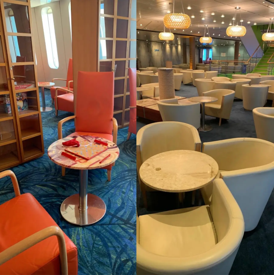 Auf dem Schiff gab es reichlich Sitzgelegenheiten, beispielsweise in der Bibliothek und im Spielzimmer (links) und im Unterhaltungsbereich (rechts). - Copyright: Christina Jane