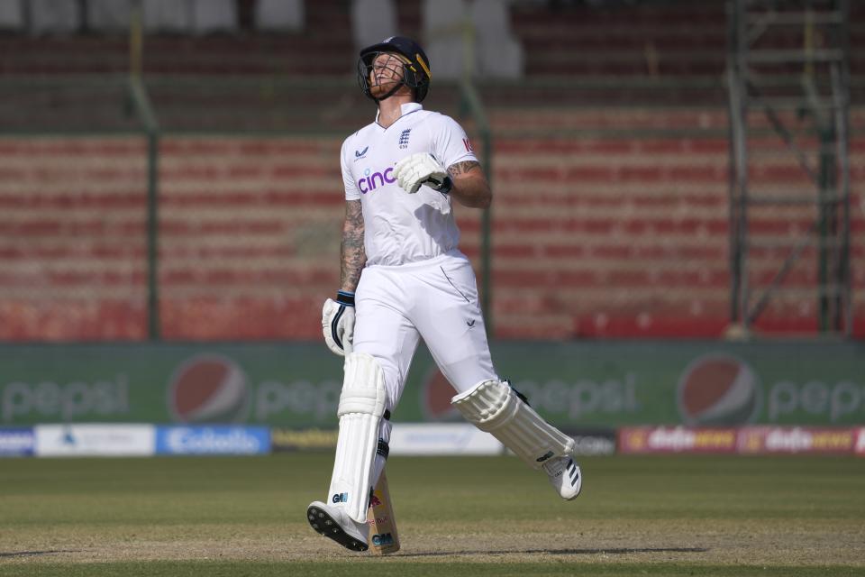 England's Ben Stokes reacts as he take a run during the fourth day of third test cricket match between England and Pakistan, in Karachi, Pakistan, Tuesday, Dec. 20, 2022. (AP Photo/Fareed Khan)