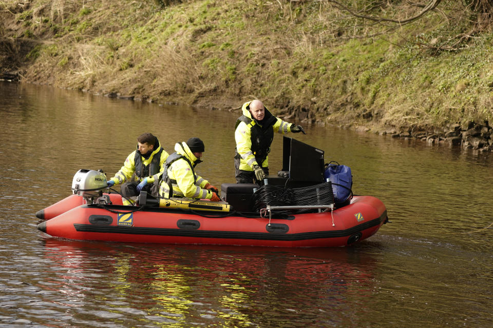 Peter Faulding (right) CEO and workers from private underwater search and recovery company, Specialist Group International, using a 18kHz side-scan sonar on the river in St Michael's on Wyre, Lancashire, as they assist in the search for missing woman Nicola Bulley, 45, who was last seen on the morning of Friday January 27, when she was spotted walking her dog on a footpath by the nearby River Wyre. Picture date: Monday February 6, 2023. (Photo by Danny Lawson/PA Images via Getty Images)