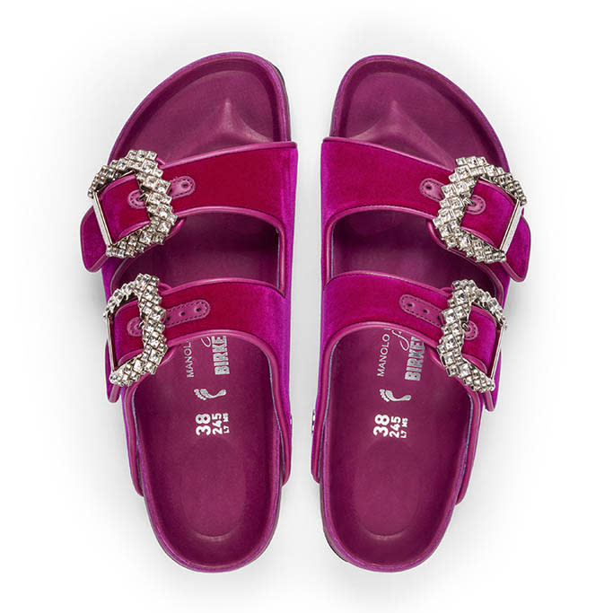 Manolo Blahnik x Birkenstock fuchsia velvet Arizona sandal with crystal buckle. - Credit: Courtesy of Birkenstock