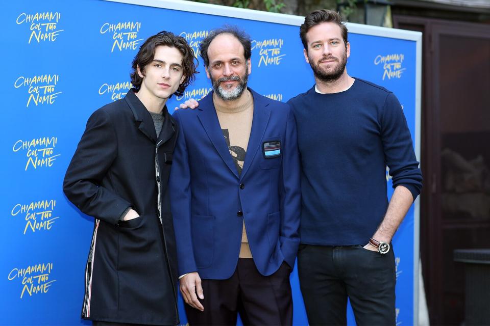 Timothee Chalamet, Italian director Luca Guadagnino and Armie Hammer attend 'Chiamami Col Tuo Nome (Call Me By Your Name)' at De Russie Hotel on January 24, 2018 in Rome, Italy.