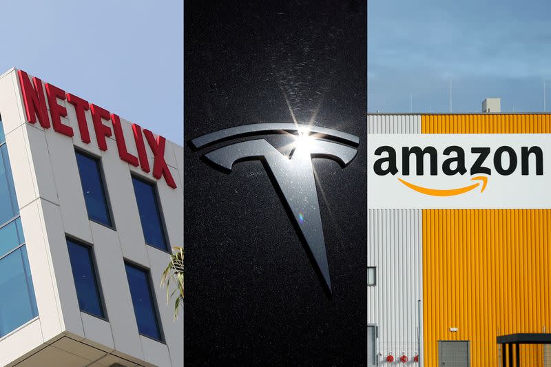 The logos of Netflix, Tesla and Amazon are seen in this combination photo