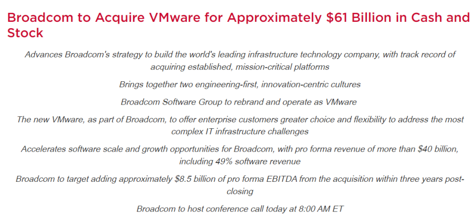 博通以約610億美元收購雲端運算業者VMware，創下史上第三大科技併購案。   圖：翻攝自Broadcom官網