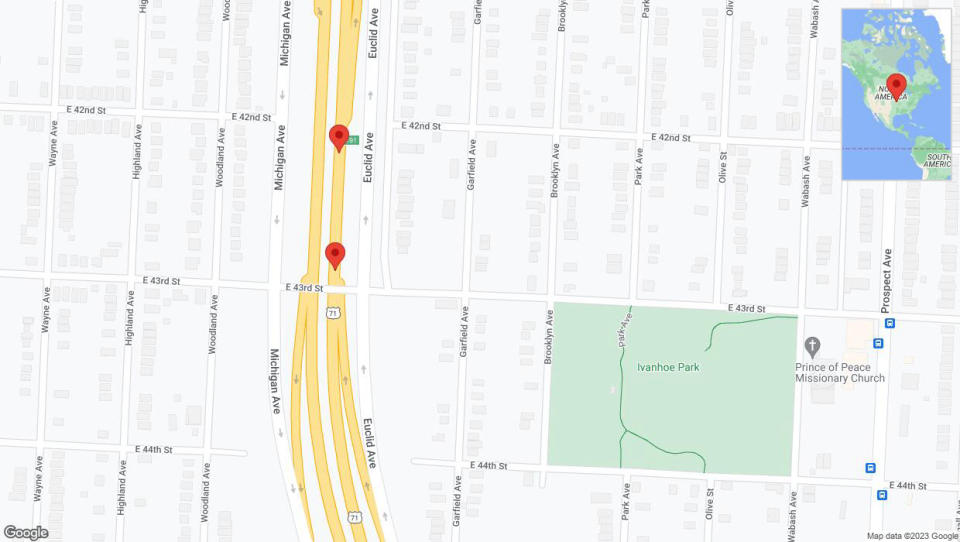 A detailed map that shows the affected road due to 'Broken down vehicle on northbound the Bruce R Watkins Expressway/US-71 in Kansas City' on December 24th at 9:40 p.m.