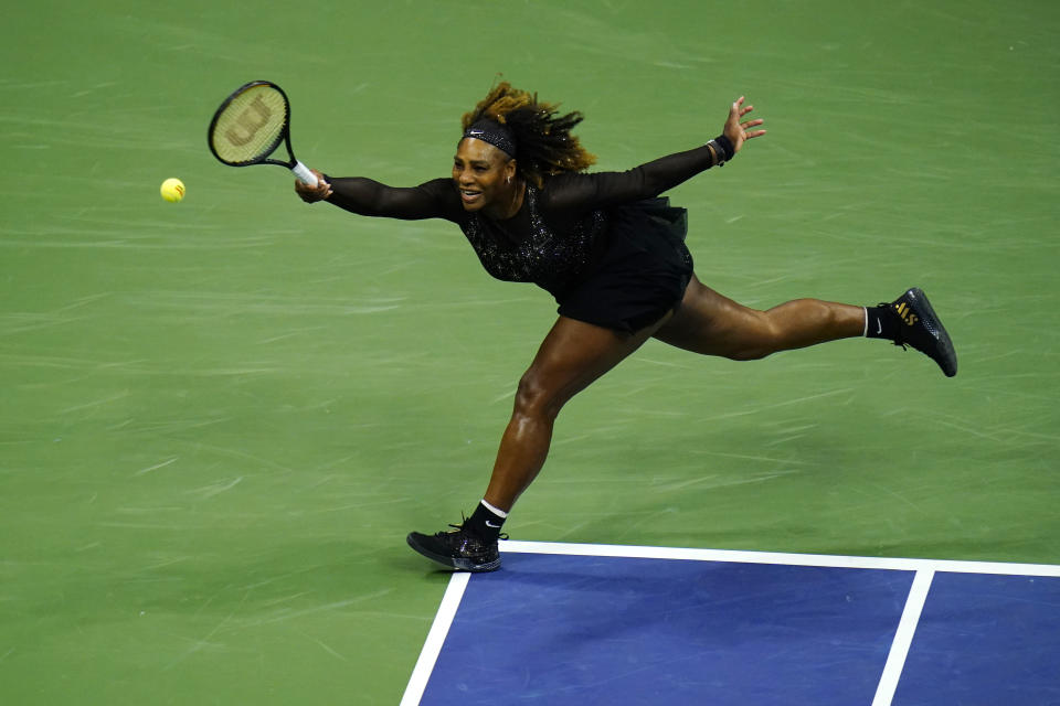 Serena Williams, of the United States, returns a shot against Anett Kontaveit, of Estonia, during the second round of the U.S. Open tennis championships, Wednesday, Aug. 31, 2022, in New York. (AP Photo/Frank Franklin II)