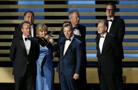 Executive producer Noah Hawley accepts the award for Outstanding Miniseries for "Fargo" onstage during the 66th Primetime Emmy Awards in Los Angeles, California August 25, 2014. REUTERS/Mario Anzuoni