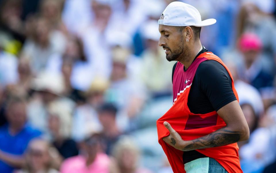 Australia's Nick Kyrgios reacts during his ATP tennis semifinals match against Britain's Andy Murray in Stuttgart - Tom Weller/dpa via AP