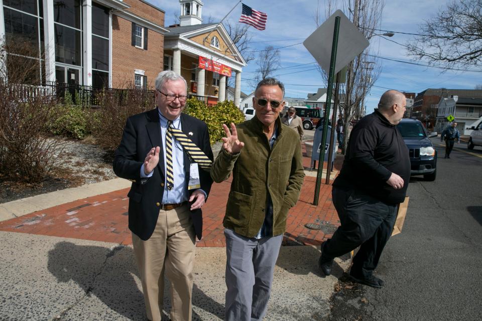 Bruce Springsteen and cousin Glenn Cashion attend an event on March 8, 2022, to announce the creation of an exhibition space to celebrate the life of Freehold’s most famous son, The Boss. The current Freehold Fire Department on Main Street will become a museum dedicated to the rock star's life.