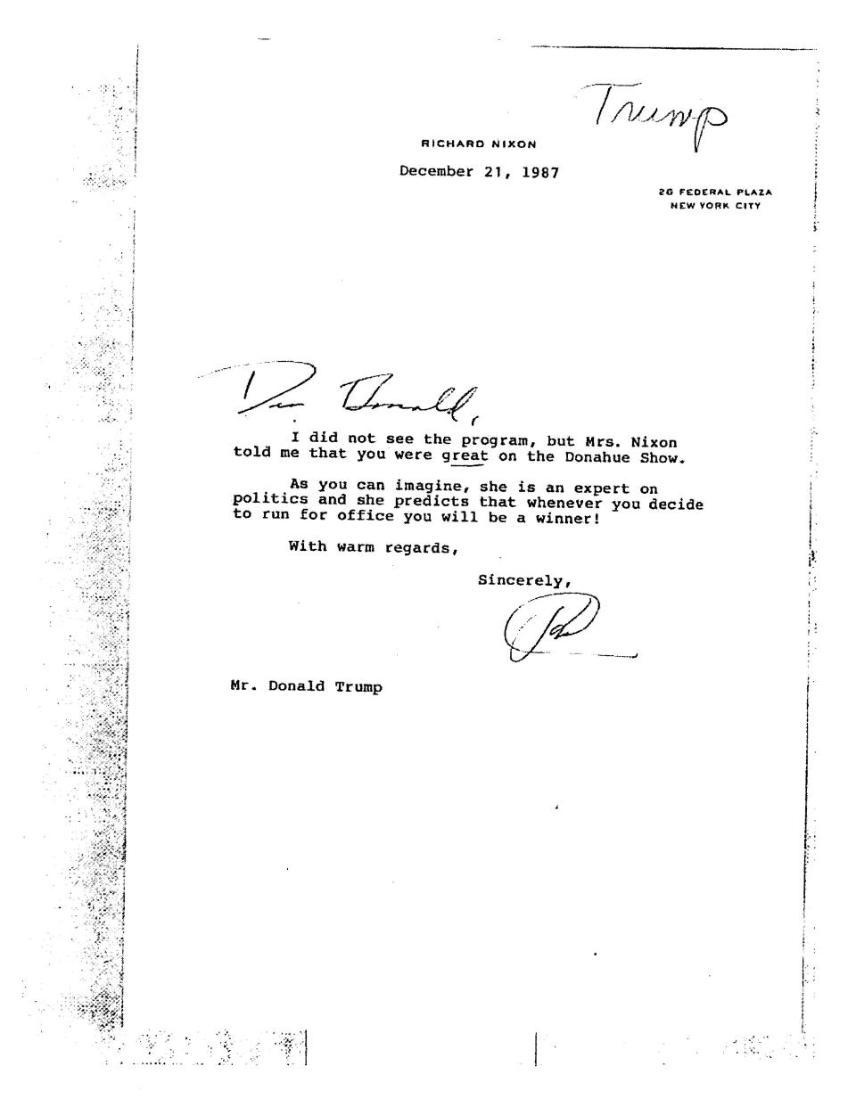 This image provided by the Richard Nixon Foundation shows a copy of correspondence between Donald Trump and Richard Nixon. The letters between once and future presidents, revealed for the first time in an exhibit that opens Thursday, Sept. 24, 2020, at the Richard Nixon Presidential Library & Museum, show the two men engaged in something of an exercise in mutual affirmation. The museum shared the letters exclusively with The Associated Press ahead of the exhibit’s opening. (Richard Nixon Foundation via AP)